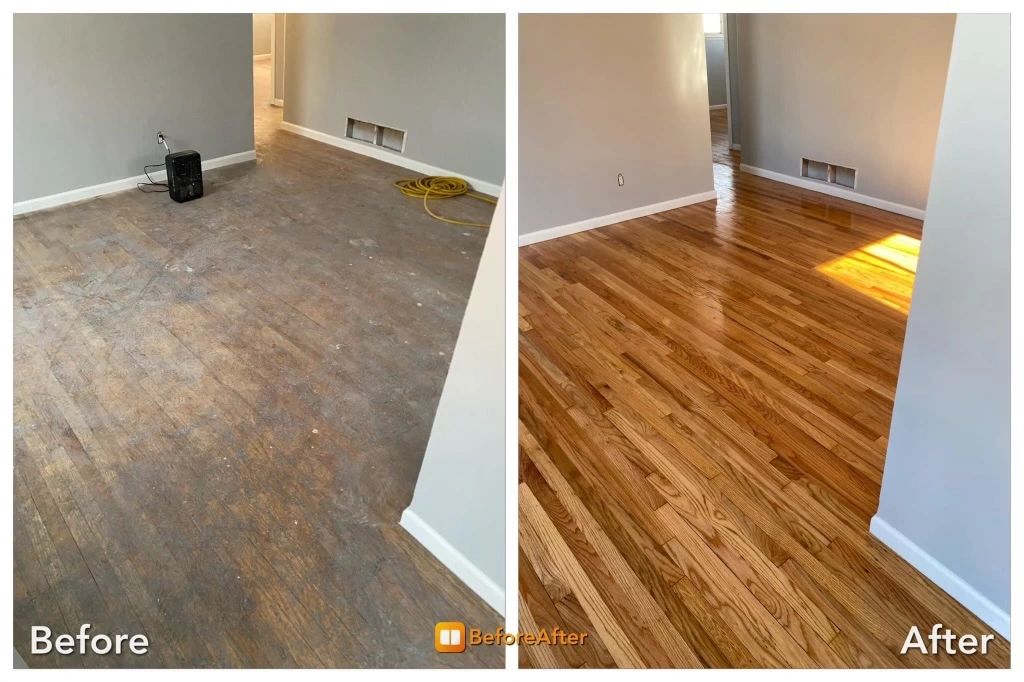 Before and after hardwood floor refinishing